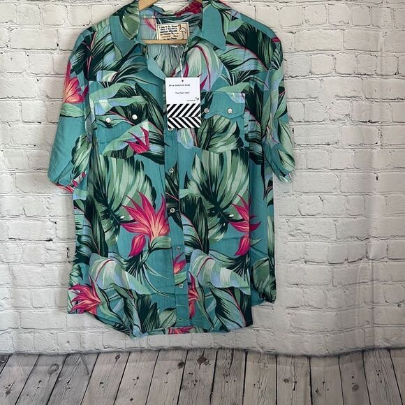 Sandrine Rose Free People Women’s Green Pink Leafy Oversized Button up size m - Picture 1 of 6